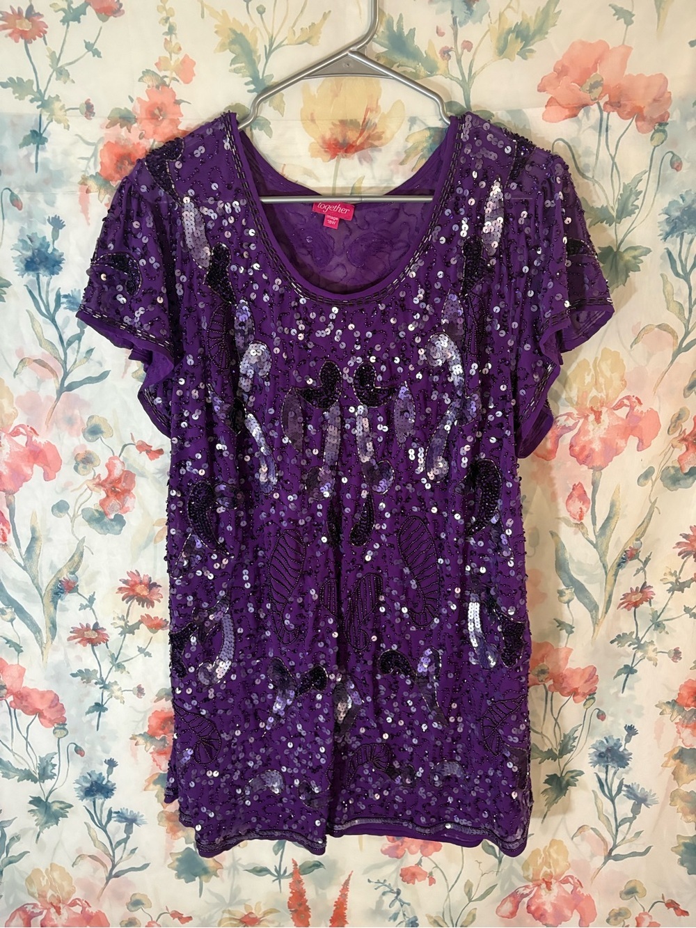 Vintage Together Purple Sequin Lace Short Sleeve Top
